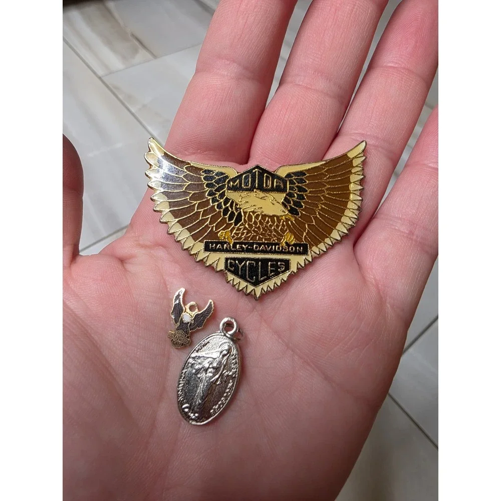 Vintage Harley Davidson Eagle Wing Pin Charm and Religious Medal Lot 3pc‎